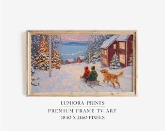Winter Sledding Scene Samsung Frame TV Art • Cozy Christmas Village Wall Art • Snowy Holiday Painting • Vintage Winter Decor, image 1