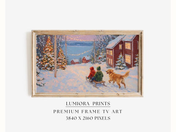 Winter Sledding Scene Samsung Frame TV Art • Cozy Christmas Village Wall Art • S