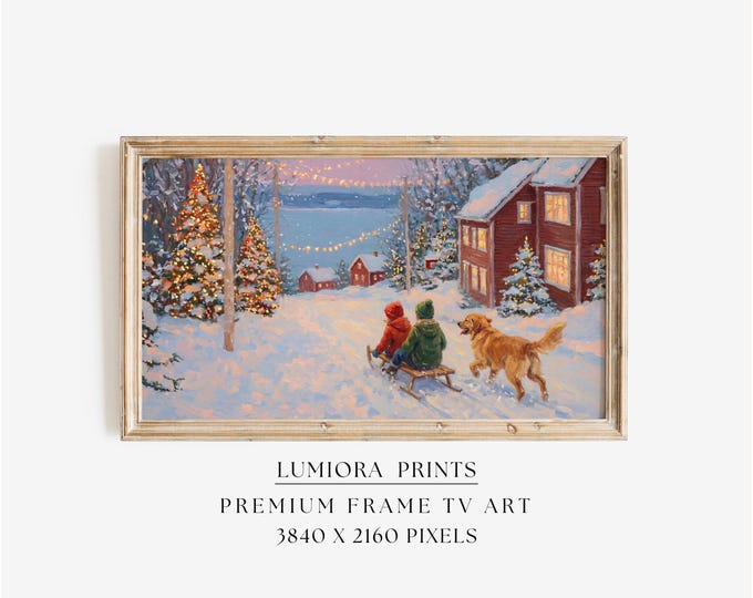 Winter Sledding Scene Samsung Frame TV Art • Cozy Christmas…