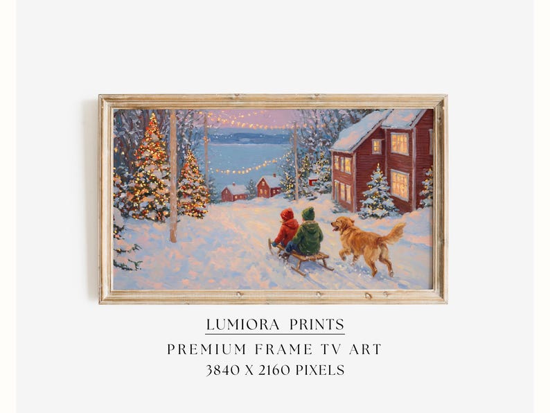 Winter Sledding Scene Samsung Frame TV Art • Cozy Christmas Village Wall Art • S