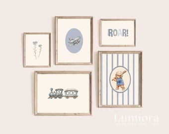 50+ Baby Boy Nursery Prints, Classic Boy Room Decor, Vintage Teddy Bear Art, Blue Striped Wall Art, Retro Car Print, Gallery Wall Set, image 6