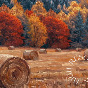 May include: An autumn landscape painting featuring a field of hay bales in the foreground. The background showcases a forest with trees in shades of red, orange, and yellow. The words "HIGH RESOLUTION" are partially visible.