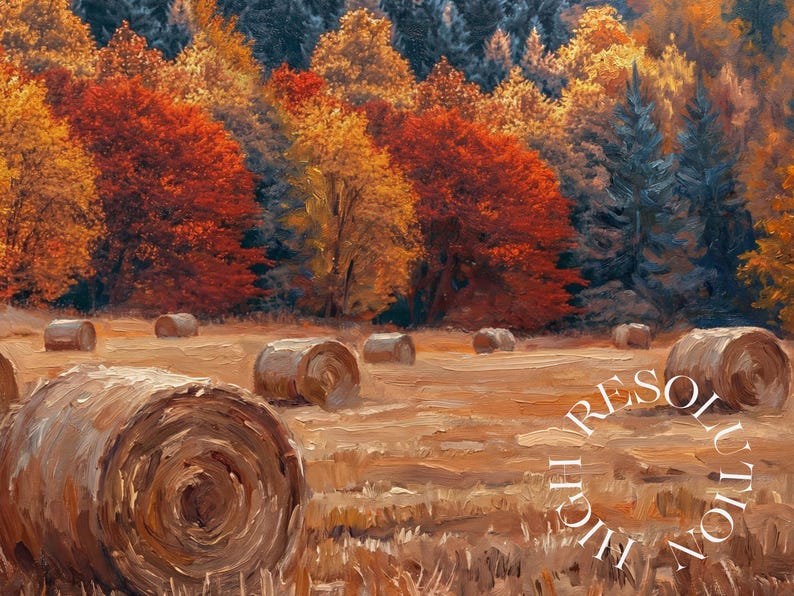 May include: An autumn landscape painting featuring a field of hay bales in the foreground. The background showcases a forest with trees in shades of red, orange, and yellow. The words "HIGH RESOLUTION" are partially visible.