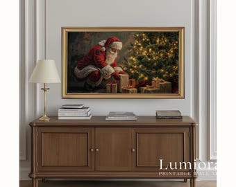 Samsung Frame TV Art Christmas Santa Putting Gifts • Vintage Christmas Tree Painting • Cozy Holiday Decor • Classic Santa Claus Wall Art, image 5