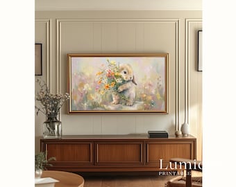 Easter Bunny with Spring Flowers Samsung Frame TV Art, Rabbit Flower Bouquet Oil Painting, 4K Digital Download, Nursery Wall Decor, image 5
