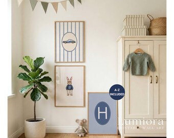 50+ Baby Boy Nursery Prints, Classic Boy Room Decor, Vintage Teddy Bear Art, Blue Striped Wall Art, Retro Car Print, Gallery Wall Set, image 4