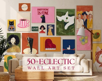Más de 50 láminas eclécticas para pared, conjunto de arte mural maximalista, decoración artística colorida, pósteres maximalistas, láminas eclécticas, decoración dopaminérgica
