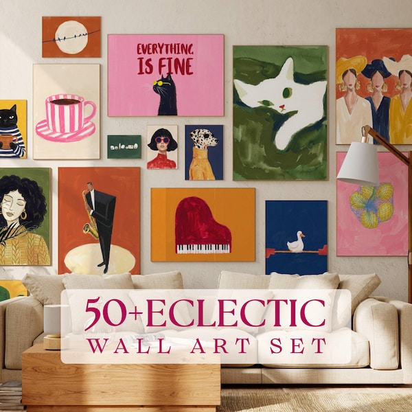 Ponad 50 eklektycznych grafik ściennych, zestaw maksymalistycznych grafik ściennych, kolorowe dekoracje artystyczne, plakaty maksymalistyczne, eklektyczne grafiki, dekoracje dopaminowe
