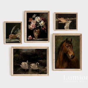 May include: Five framed vintage art prints. The prints feature a still life of flowers, a horse, swans, a hand playing piano, and a hand writing with a quill. The frames are a light wood colour.