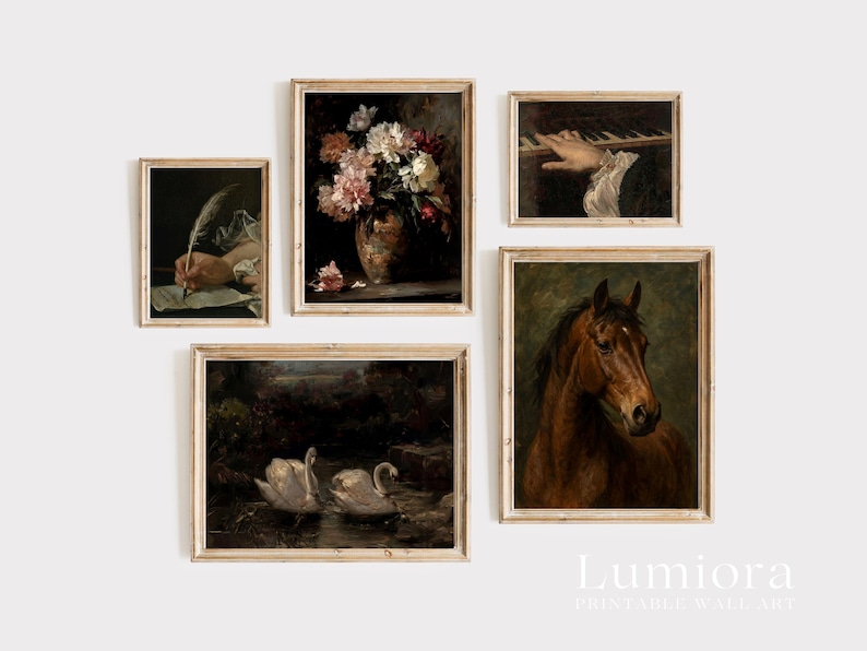 May include: Five framed vintage art prints. The prints feature a still life of flowers, a horse, swans, a hand playing piano, and a hand writing with a quill. The frames are a light wood colour.