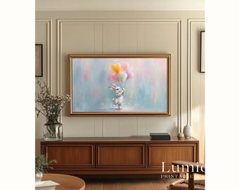 Easter Bunny with Heart Balloons Samsung Frame TV Art, Spring TV Decor, Cute Rabbit Oil Painting, 4K Digital Download, Nursery Screen Art, image 5