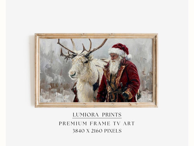 Samsung Frame TV Art Santa Claus Reindeer • Vintage Christmas Oil Painting • Nor