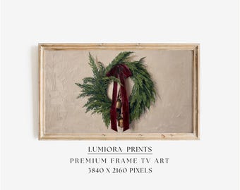 Christmas Wreath Wall Art for Samsung Frame TV – Neutral Christmas Frame Tv Art -Minimal Holiday Greenery with Red Ribbon & Bells, image 1