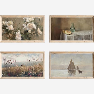 May include: Four framed vintage art prints. The top left print features white roses. The top right print shows a still life with a melon and a bottle. The bottom left print depicts a field of wildflowers. The bottom right print shows sailboats on the water.