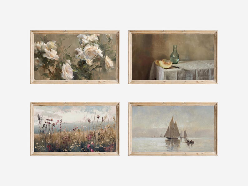 May include: Four framed vintage art prints. The top left print features white roses. The top right print shows a still life with a melon and a bottle. The bottom left print depicts a field of wildflowers. The bottom right print shows sailboats on the water.