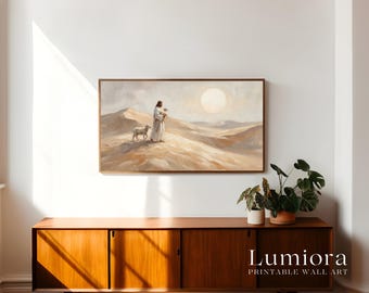 The Good Shepherd Samsung Frame TV Art, Jesus Carrying Lamb Christian Oil Painting, Desert Faith Screen Decor, Spiritual Savior Wall Art, 4K, image 3