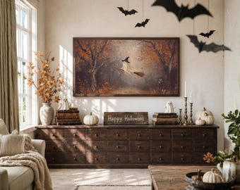 Halloween Frame TV Art, Ghost on Broomstick in Autumn Forest, Vintage Fall Oil Painting, Cute Witch Ghost Decor, Digital Download for TV, image 3