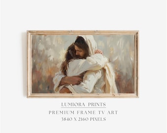 Jesus Hugging Samsung Frame TV Art, Christian Religious Screen Decor, Christ Embracing Oil Painting, Faith Based TV Art, 4K, image 1