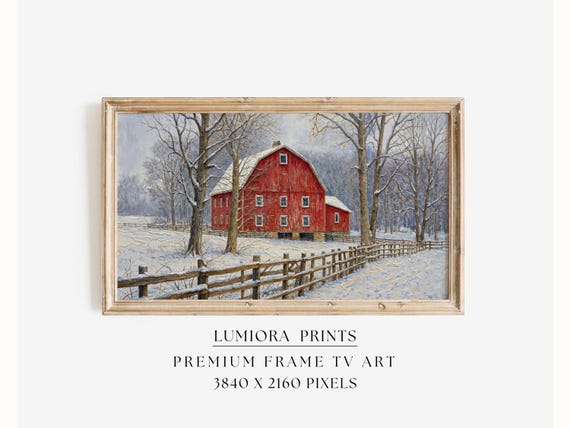 Samsung Frame TV Art Winter Barn Landscape • Red Farmhouse Painting • Rustic Cou