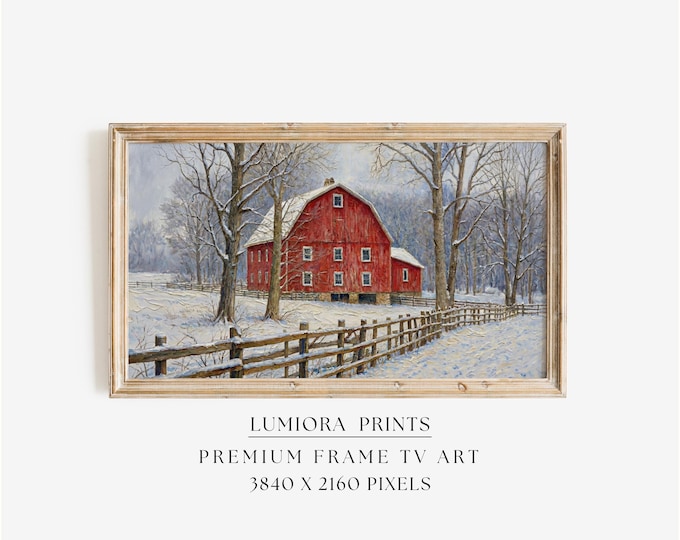 Samsung Frame TV Art Winter Barn Landscape • Red Farmhouse…