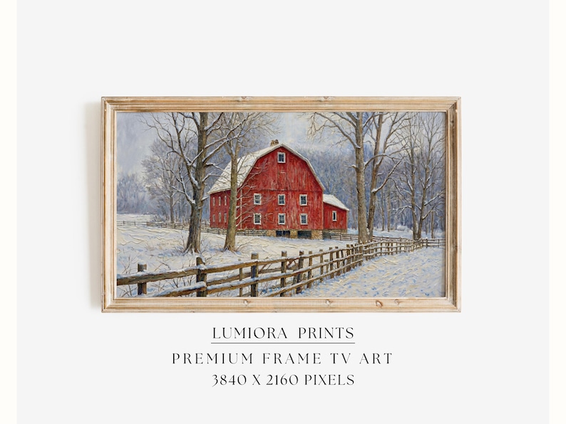 Samsung Frame TV Art Winter Barn Landscape • Red Farmhouse Painting • Rustic Cou