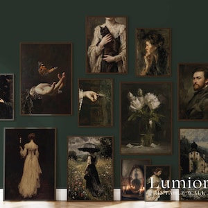 May include: A collection of framed vintage-style art prints. The prints feature portraits, still lifes, and figures in dark, muted tones. The artwork includes a butterfly, a woman with a cat, and a landscape with a building. The text "Lumiora Printable Wall Art" is visible.