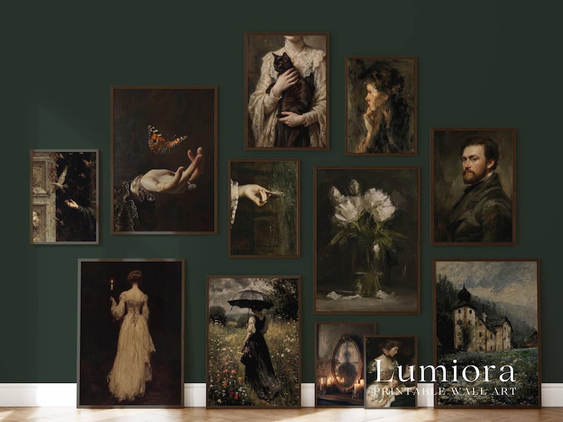 May include: A collection of framed vintage-style art prints. The prints feature portraits, still lifes, and figures in dark, muted tones. The artwork includes a butterfly, a woman with a cat, and a landscape with a building. The text "Lumiora Printable Wall Art" is visible.