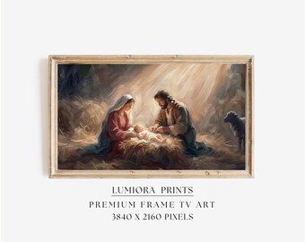 Nativity Scene Samsung Frame TV Art, Jesus Birth Screen Decor, Christian Religious Oil Painting, Christmas Spiritual TV Art, 4K, image 1