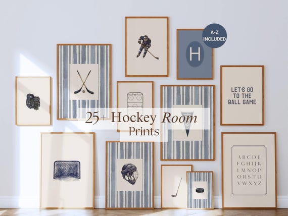 25+ Vintage Hockey Prints, Hockey Room Decor, Ice Hockey Wall Art, Boys Sports Bedroom, Classic Boy Room, Playroom Gallery Set