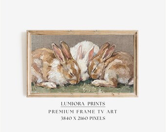Vintage Sleeping Bunnies Frame Tv Art, Spring Oil Painting Samsung Frame Tv, 4K Bunny Tv Art, Cute Rabbit Screensaver, image 1