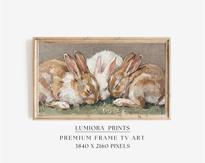 Vintage Sleeping Bunnies Frame Tv Art, Spring Oil Painting…