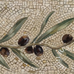 May include: Close-up of a mosaic tile design featuring an olive branch with dark olives and green leaves. The background is a mosaic of small, off-white tiles, creating a textured effect. The image has a high-resolution quality.