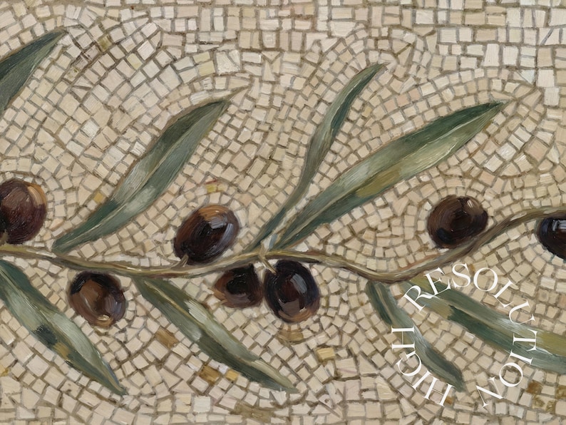 May include: Close-up of a mosaic tile design featuring an olive branch with dark olives and green leaves. The background is a mosaic of small, off-white tiles, creating a textured effect. The image has a high-resolution quality.