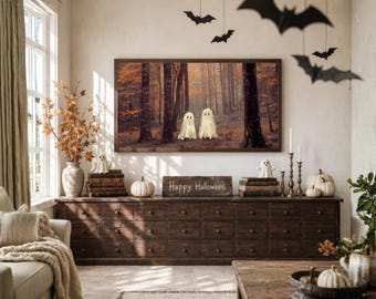 Halloween Frame TV Art, Ghosts in Autumn Forest, Vintage Fall Oil Painting, Spooky Halloween Tv Art, image 3