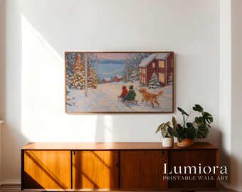 Winter Sledding Scene Samsung Frame TV Art • Cozy Christmas Village Wall Art • Snowy Holiday Painting • Vintage Winter Decor, image 3