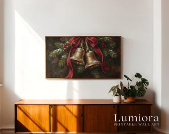 Christmas Bells Samsung Frame TV Art • Golden Holiday Bells • Festive Pine Garland Wall Art • Classic Christmas Decor for The Frame, image 3