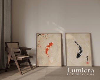 Koi Fish Print Set of 2, Yin Yang Wall Art, Japanese Poster, Japandi Decor, Zen Room Art, Feng Shui Poster, Asian Wall Decor, Vintage Koi, image 4