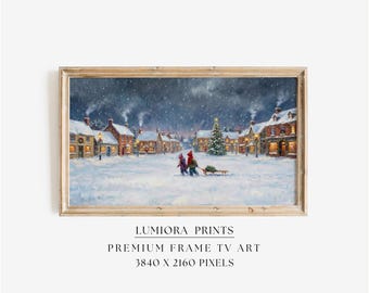 Samsung Frame TV Art Christmas – Vintage Winter Landscape, Snowy Village Wall Art, 4K Holiday Digital Painting, Cozy Christmas TV Decor, image 1