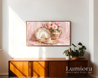 Romantic Tea Time Samsung Frame TV Art, Vintage Porcelain and Pearls Still Life, Soft Rose Bouquet Oil Painting, Shabby Chic Decor, 4K, image 3