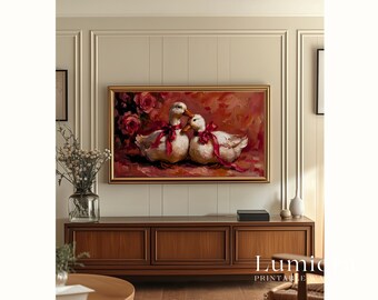 Romantic Love Ducks Samsung Frame TV Art, Vintage Oil Painting, Red Ribbons and Roses, Valentine's Day Decor, Cottagecore Aesthetic, 4K, image 5