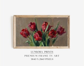 Samsung Frame TV Art Valentine's Day, Red Tulips on Neutral Background, Vintage Floral Oil Painting, Earthy Spring Decor, 4K, image 1