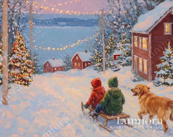 Winter Sledding Scene Samsung Frame TV Art • Cozy Christmas Village Wall Art • Snowy Holiday Painting • Vintage Winter Decor, image 7