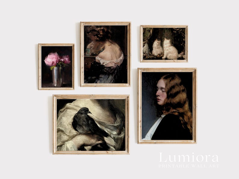 May include: A set of five framed vintage art prints. The prints depict classic paintings with subjects such as flowers, portraits, and animals. The frames are a light wood colour, and the overall aesthetic is antique and elegant.