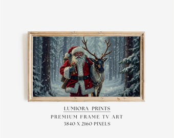 Samsung Frame TV Art Santa & Reindeer • Vintage Christmas Painting • Nordic Winter Forest Wall Art • Cozy Holiday Digital Download, image 1