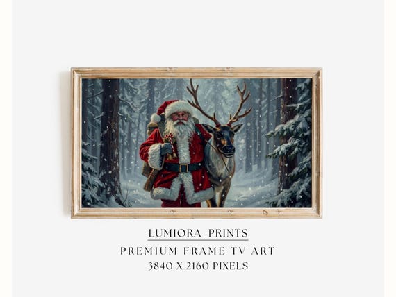 Samsung Frame TV Art Santa & Reindeer • Vintage Christmas Painting • Nordic Wint