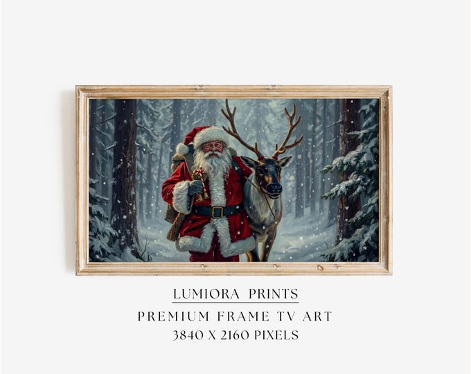 Samsung Frame TV Art Santa & Reindeer • Vintage Christmas…