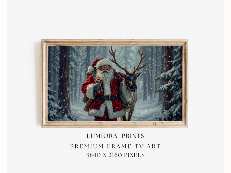 Samsung Frame TV Art Santa & Reindeer • Vintage Christmas Painting • Nordic Wint