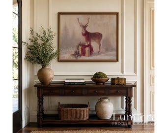 Vintage Christmas Deer Painting, Reindeer with Red Scarf Print, Winter Wall Art, Printable Holiday Decor, Antique Christmas Art Download, image 3