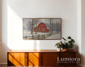 Samsung Frame TV Art Winter Barn Landscape • Red Farmhouse Painting • Rustic Country Christmas Wall Art, image 3