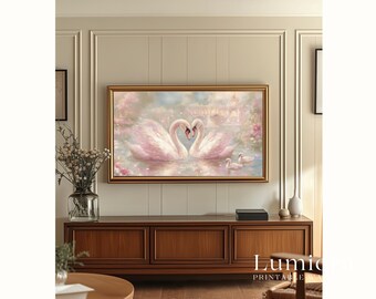 Romantic Pink Swans Samsung Frame TV Art, Dreamy Fairytale Lake, Vintage Oil Painting, Valentine's Day Nursery Decor, Fantasy Castle, 4K, image 6
